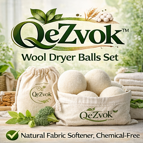 QeZvok™ Wool Dryer Balls Set – Natural Fabric Softener, Reusable Eco Laundry Dryer Balls, Chemical-Free