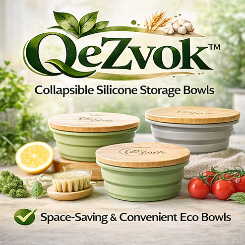 QeZvok™ Collapsible Silicone Storage Bowls – Space-Saving Eco Containers with Bamboo Lids