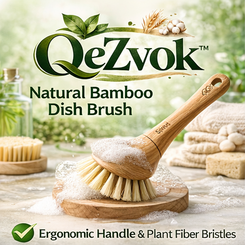 QeZvok™ Natural Bamboo Dish Brush – Ergonomic Eco Scrubber, Plant Fiber Bristles, Sustainable Kitchen Cleaning Tool