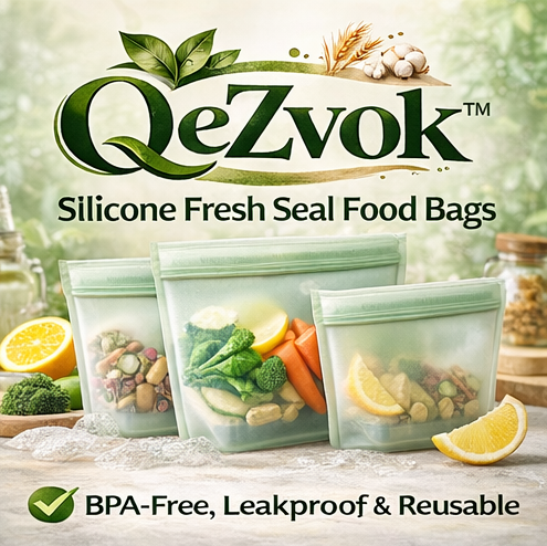 QeZvok™ Silicone Fresh Seal Food Bags – Reusable Leakproof Storage, BPA-Free Eco Kitchen Organizer