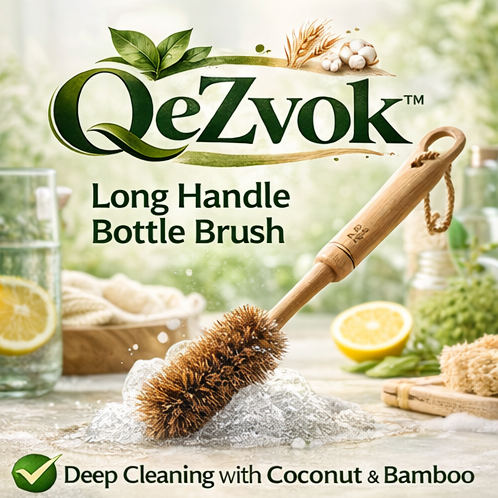 QeZvok™ Long Handle Bottle Brush – Eco-Friendly Coconut Fiber Cleaner, Deep Cleaning for Bottles & Jars