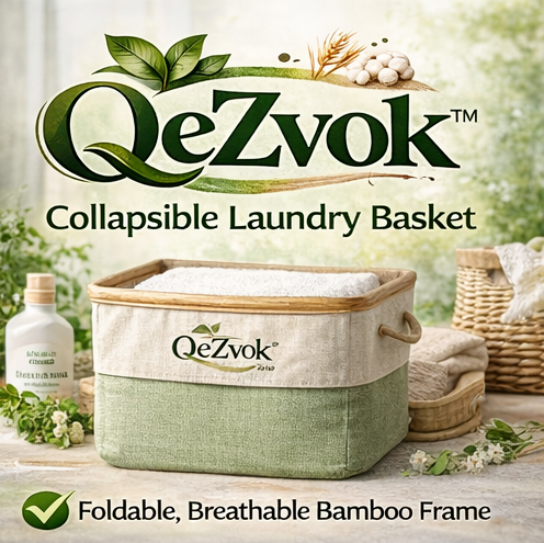 QeZvok™ Collapsible Laundry Basket – Foldable Eco Storage Hamper, Breathable Fabric Organizer with Bamboo Frame