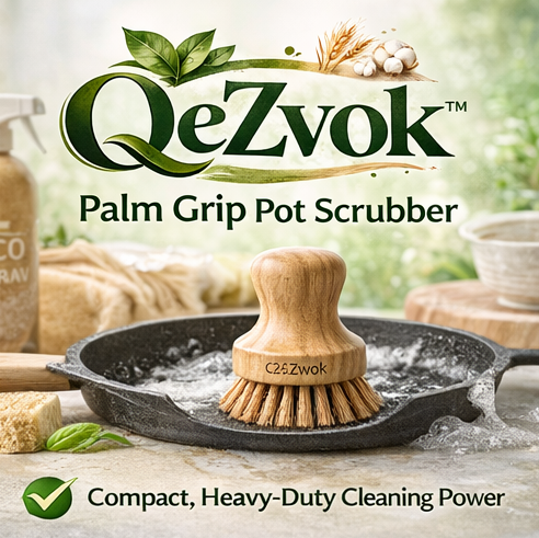 QeZvok™ Palm Grip Pot Scrubber – Compact Eco Dish Brush, Heavy-Duty Natural Fiber Cleaning Tool