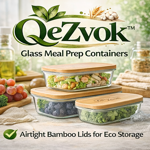 QeZvok™ Glass Meal Prep Containers – Bamboo Lid Food Storage, Airtight Eco Kitchen Organizer Set