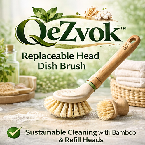 QeZvok™ Replaceable Head Dish Brush – Sustainable Cleaning System, Bamboo Handle with Interchangeable Brush Heads